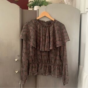 Nordstrom Free Press Green and Tan Ruffled Blouse
